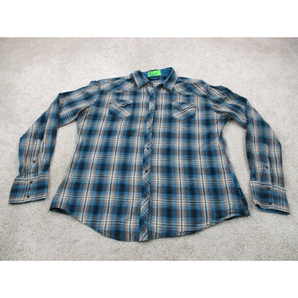 Kuhl Shirt Womens Extra Large XL Blue Gray Plaid Western Pearl Snap Up Top - Picture 1 of 12